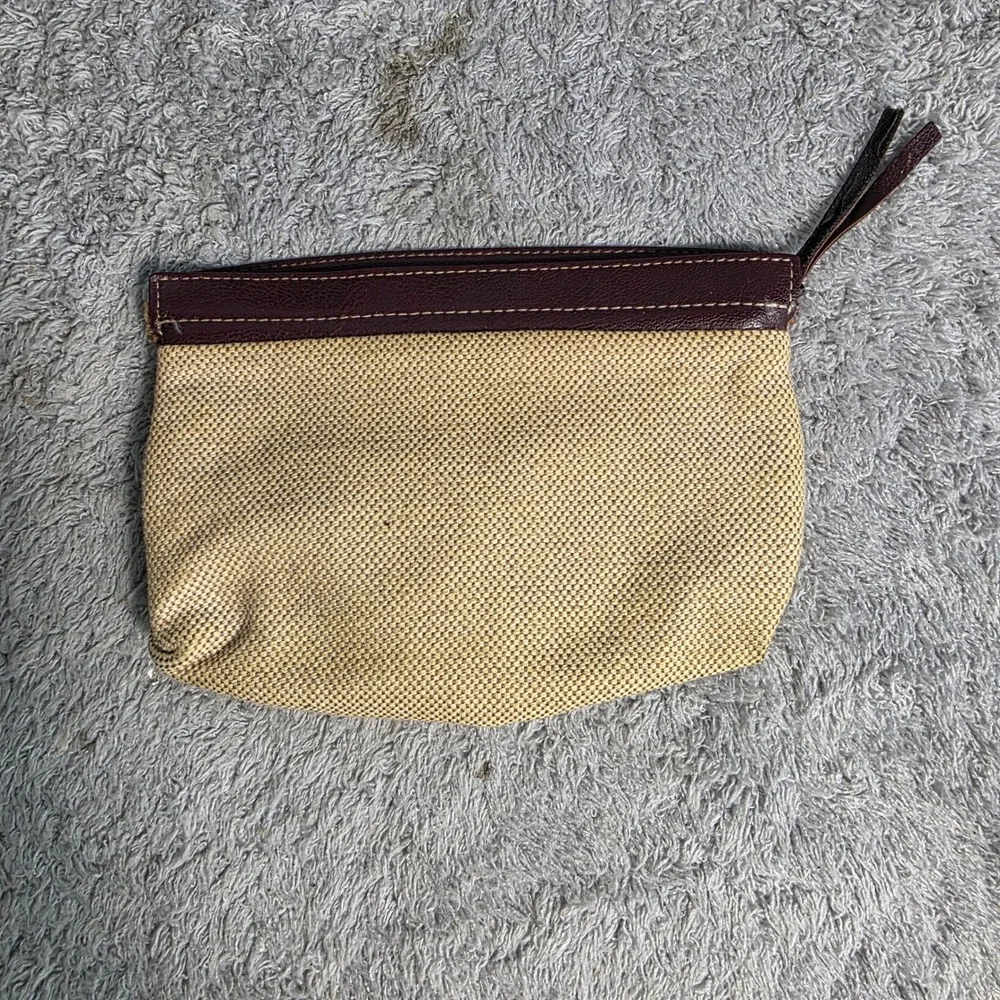VINTAGE Oscar de la Renta‎ Cosmetic Pouch Beige Burgundy Canvas Zip Bag Small
